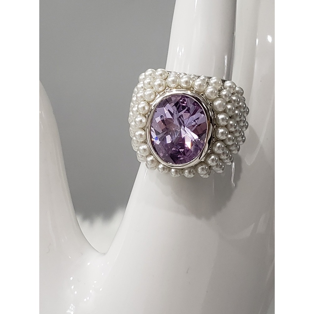 Lauren G Adams Faux Pearl Cocktail Ring Purple Lilac Statement Art Deco 80s 20s